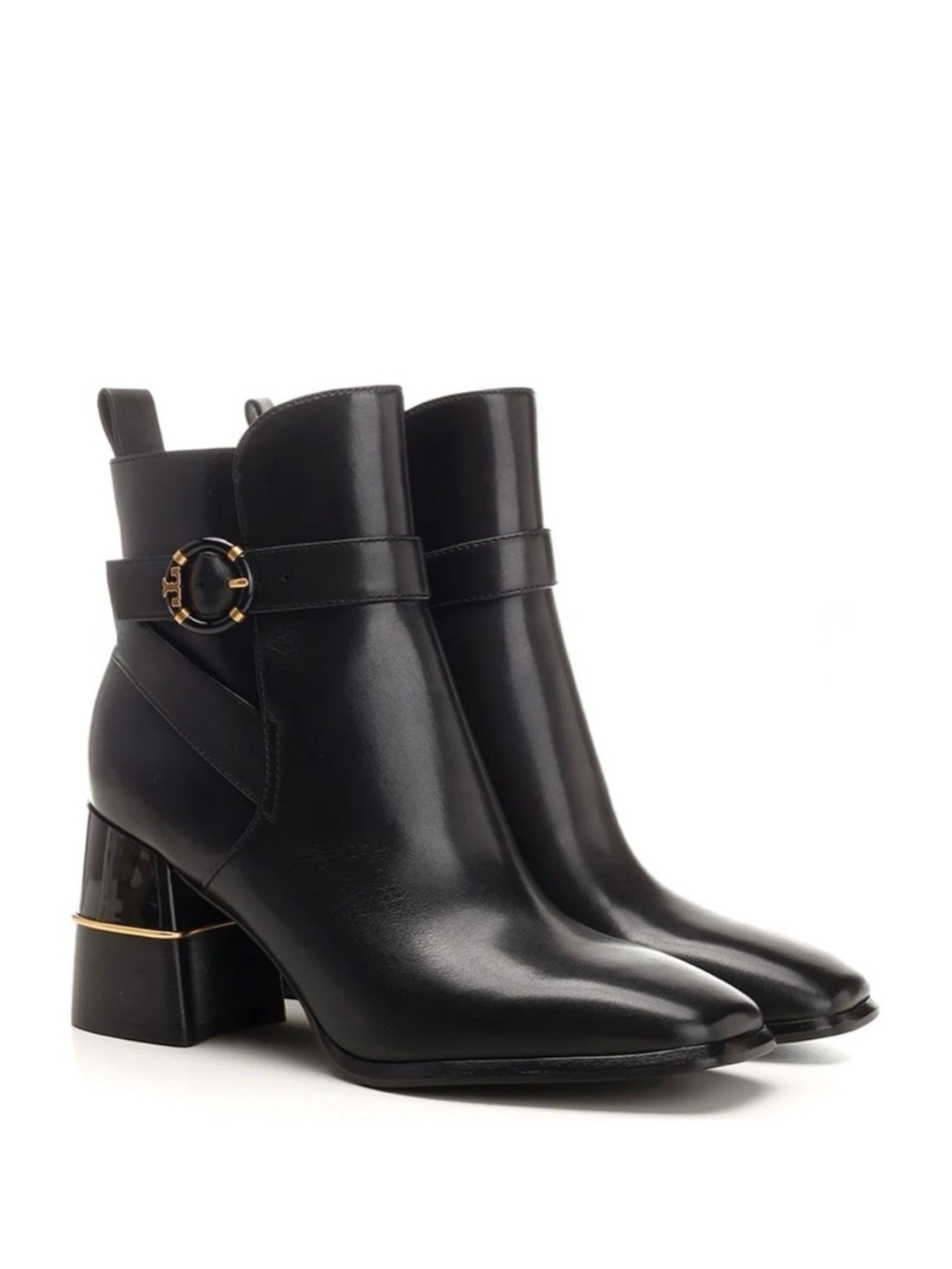 TORY BURCH Logo Buckle Square-Toe Ankle Boots in Black Leather 10 - Picture 14 of 14